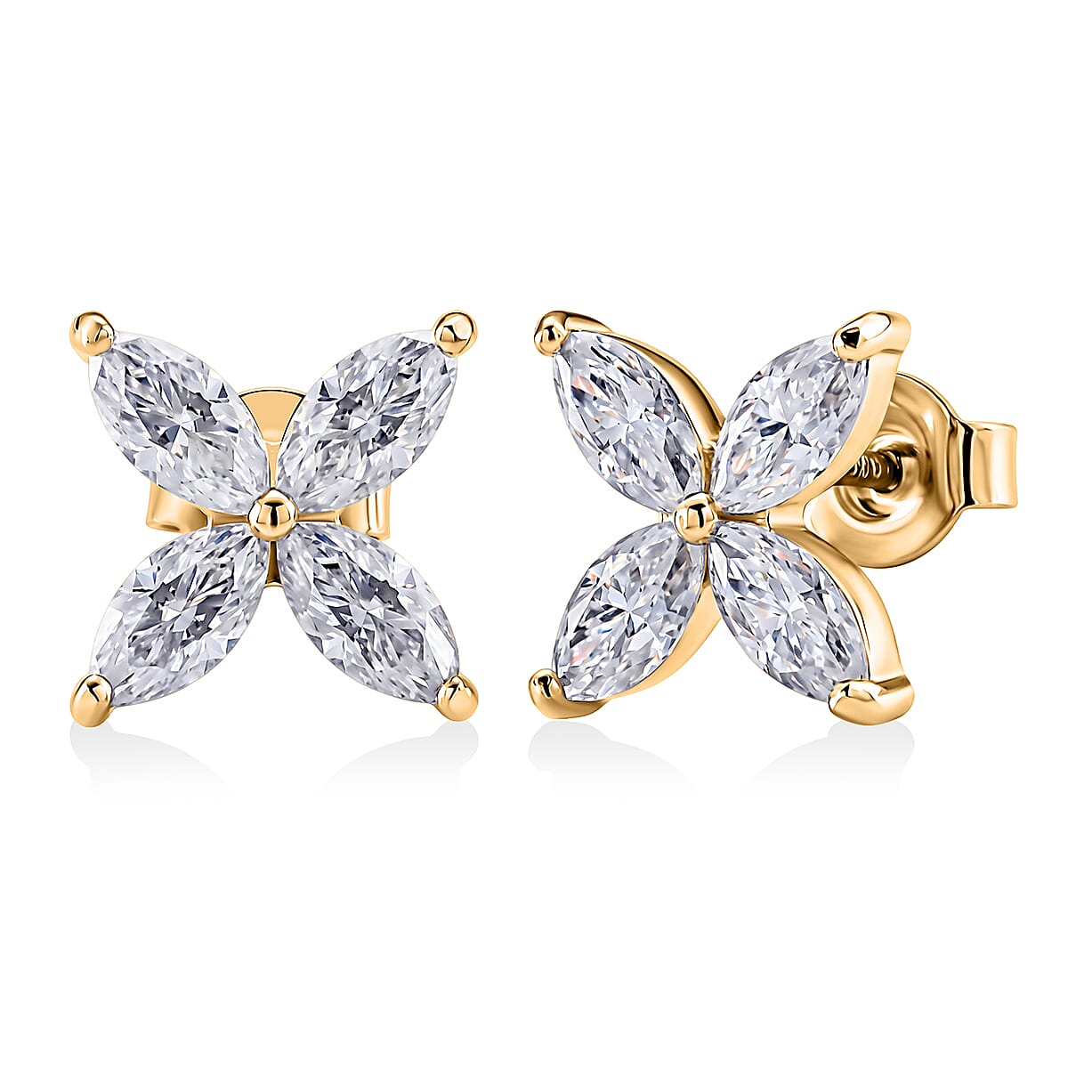 D'Joy - GRA Certified Moissanite Floral Earring with Push Back in Yellow Gold Plated Sterling Silver 2.00 Ct.