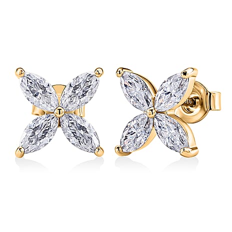 D'Joy - GRA Certified Moissanite Floral Earring with Push Back in Yellow Gold Plated Sterling Silver 2.00 Ct.