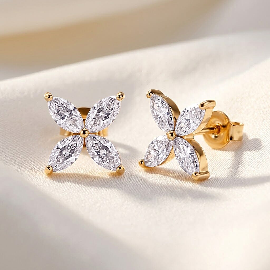 D'Joy - GRA Certified Moissanite Floral Earring with Push Back in Yellow Gold Plated Sterling Silver 2.00 Ct.