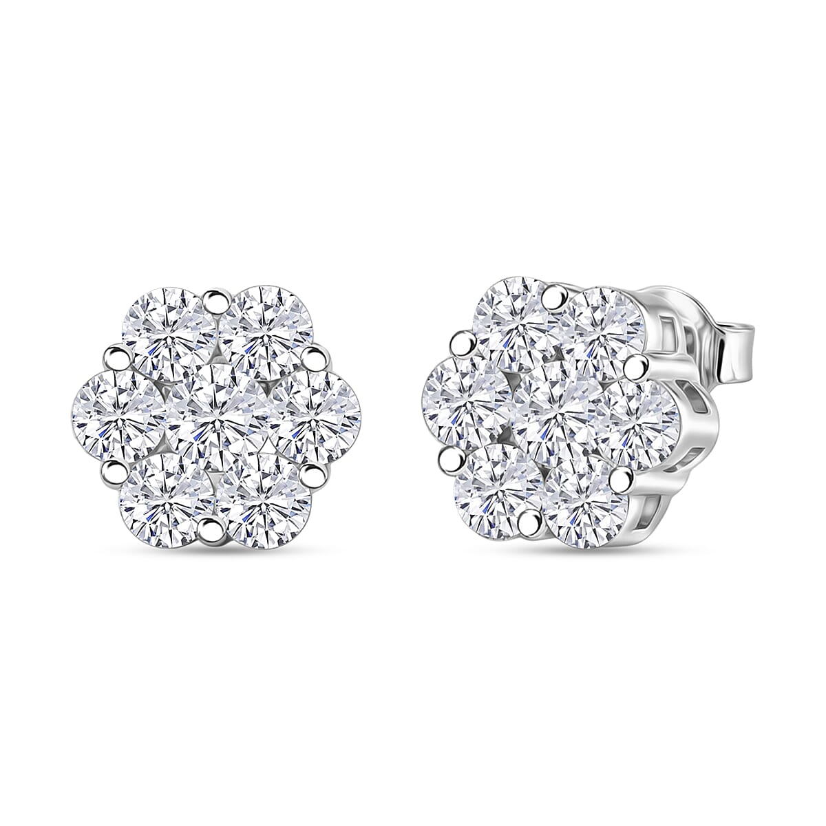 D'Joy - GRA Certified Moissanite Cluster Earring with Push Back in Rhodium Overlay Sterling Silver 2.50 Ct.