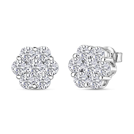 D'Joy - GRA Certified Moissanite Cluster Earring with Push Back in Rhodium Overlay Sterling Silver 2.50 Ct.