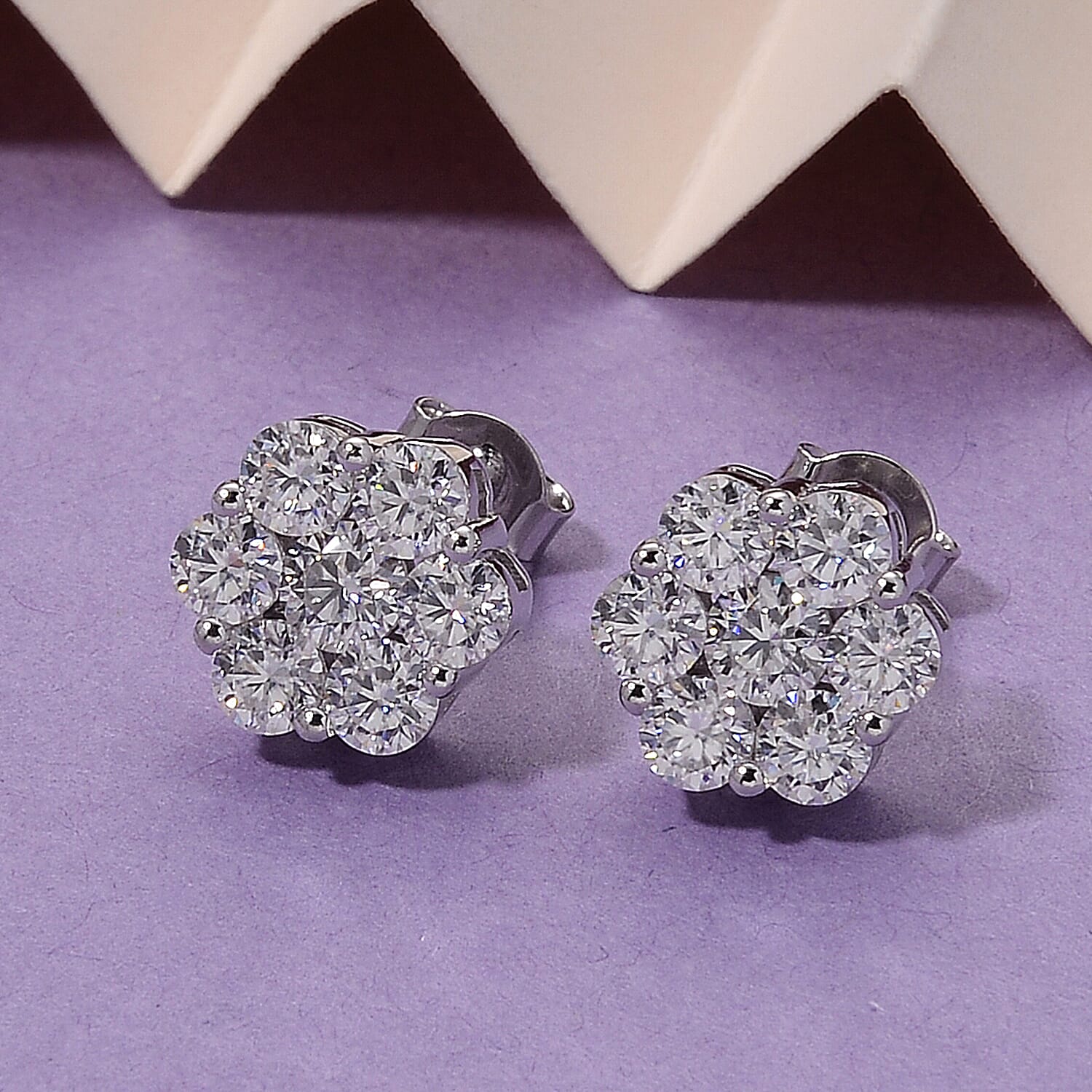 D'Joy - GRA Certified Moissanite Cluster Earring with Push Back in Rhodium Overlay Sterling Silver 2.50 Ct.