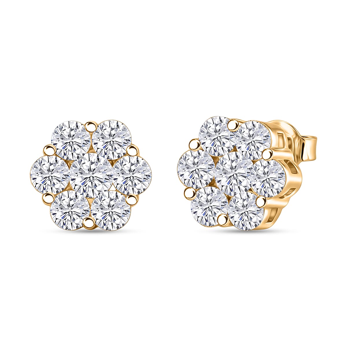 D'Joy - GRA Certified (D-VVS1) Moissanite Cluster Stud Earring with Push Back in Yellow Gold Plated Sterling Silver 2.50 Ct.