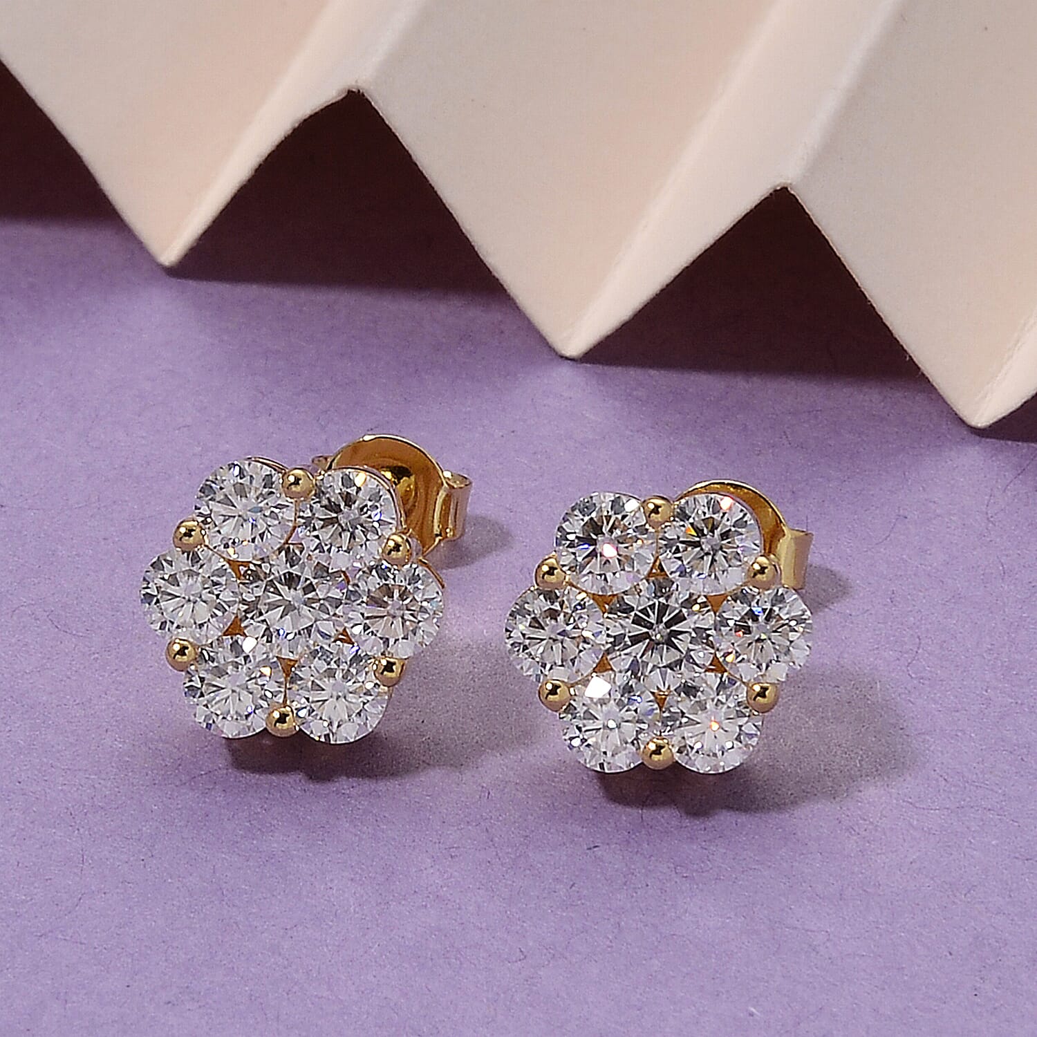 D'Joy - GRA Certified (D-VVS1) Moissanite Cluster Stud Earring with Push Back in Yellow Gold Plated Sterling Silver 2.50 Ct.