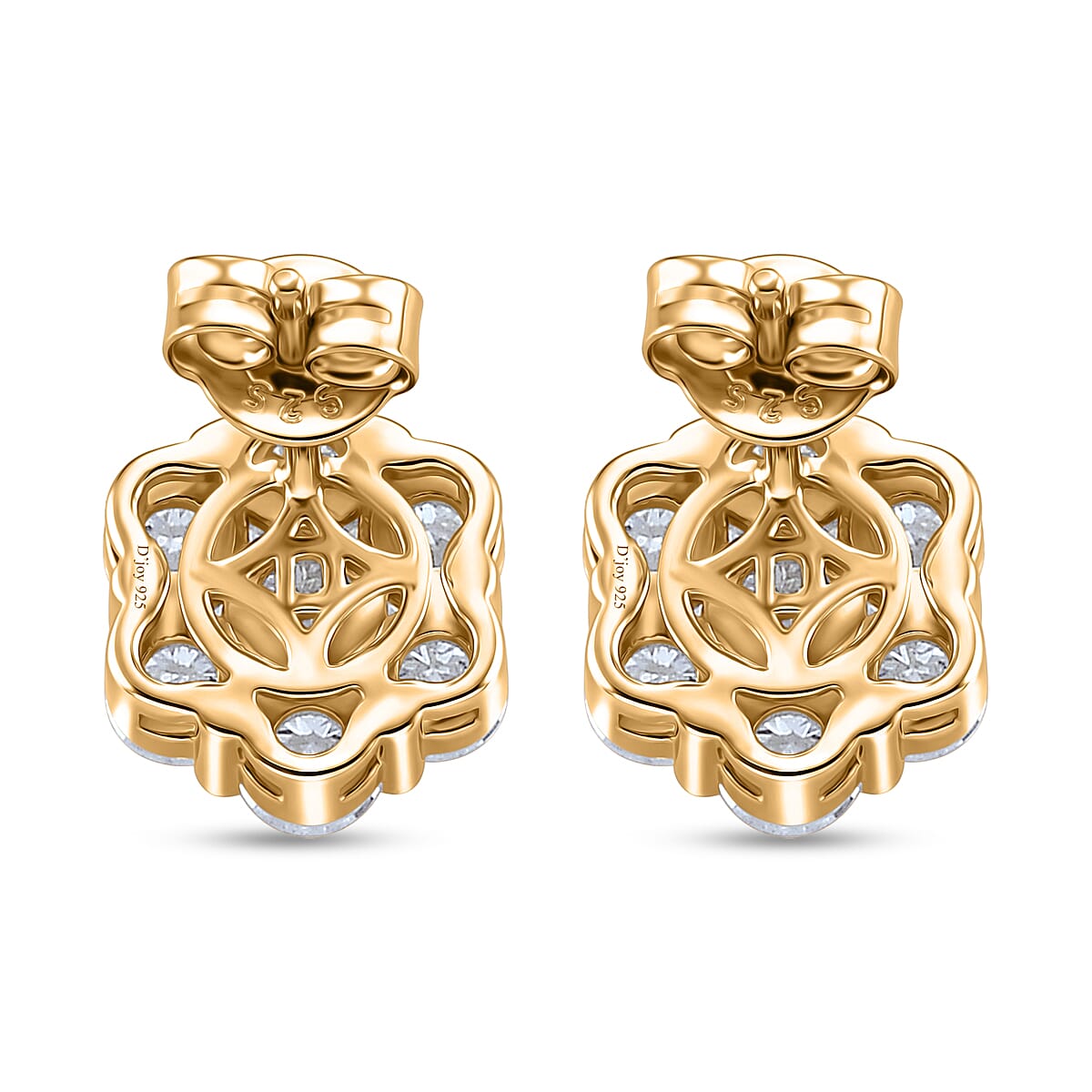 D'Joy - GRA Certified (D-VVS1) Moissanite Cluster Stud Earring with Push Back in Yellow Gold Plated Sterling Silver 2.50 Ct.