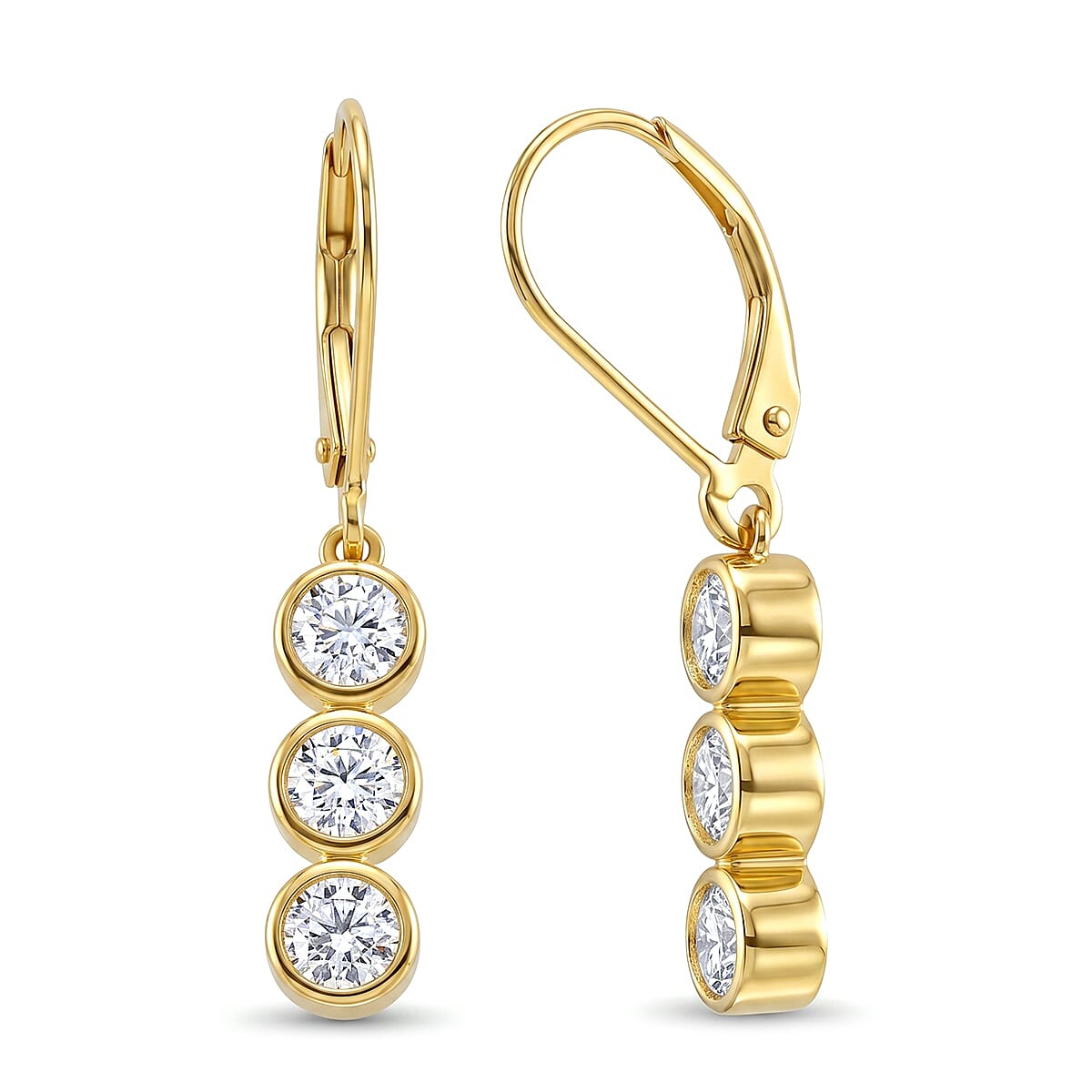 D'Joy - GRA Certified Moissanite Drop Earring with Lever Back in Yellow Gold Plated Sterling Silver 1.50 Ct.