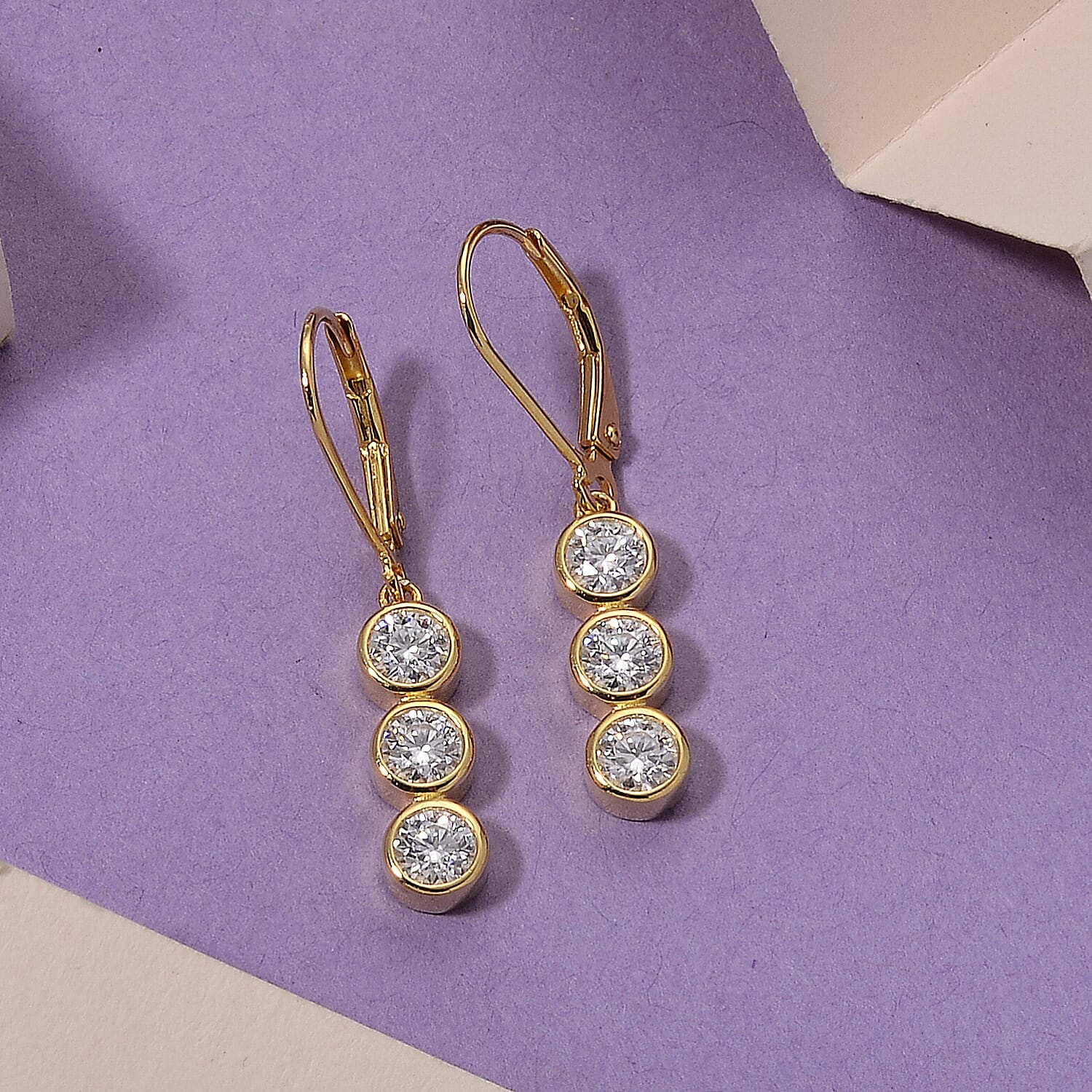 D'Joy - GRA Certified Moissanite Drop Earring with Lever Back in Yellow Gold Plated Sterling Silver 1.50 Ct.