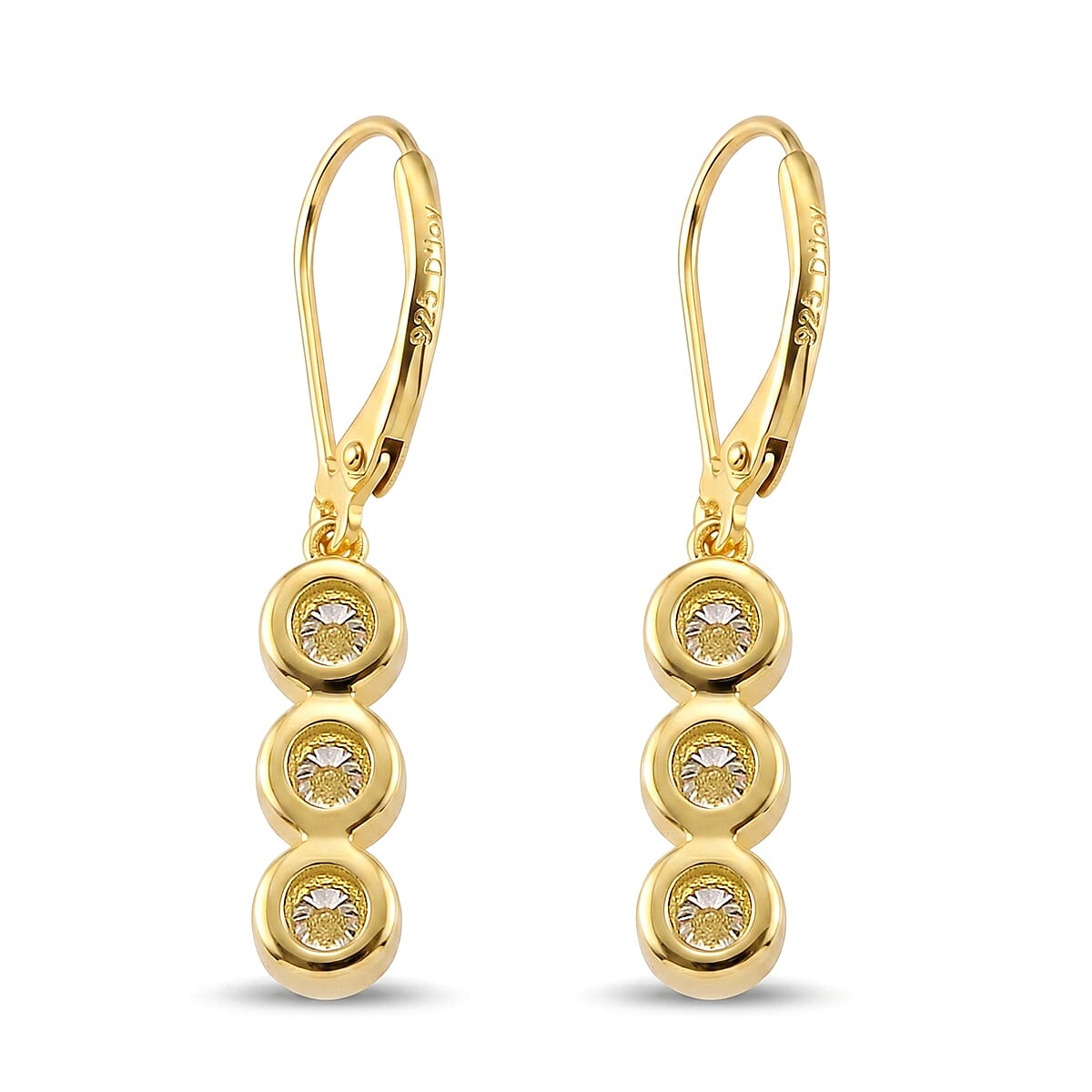 D'Joy - GRA Certified Moissanite Drop Earring with Lever Back in Yellow Gold Plated Sterling Silver 1.50 Ct.