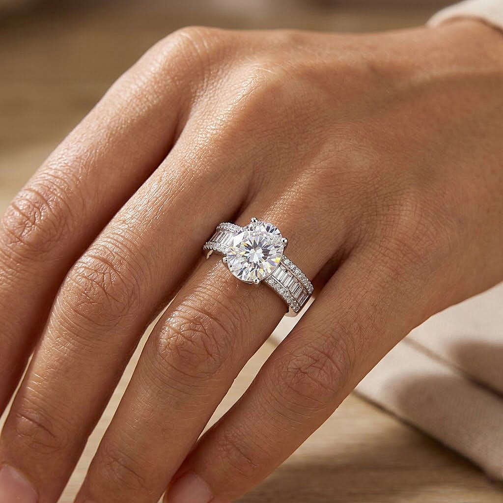 D'Joy - GRA Certified (D-VVS1) Moissanite Solitaire Ring in Rhodium Overlay Sterling Silver 2.60 Ct.