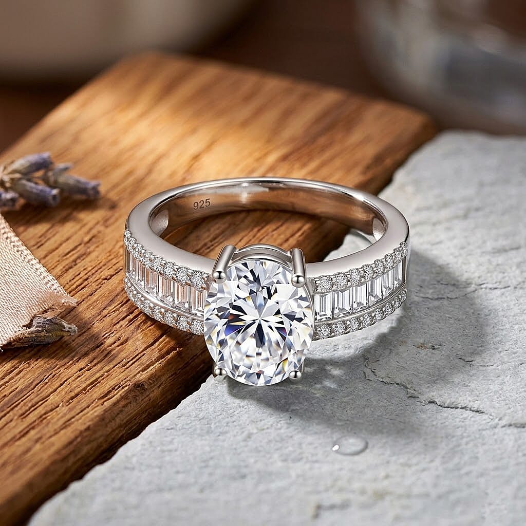 D'Joy - GRA Certified (D-VVS1) Moissanite Solitaire Ring in Rhodium Overlay Sterling Silver 2.60 Ct.