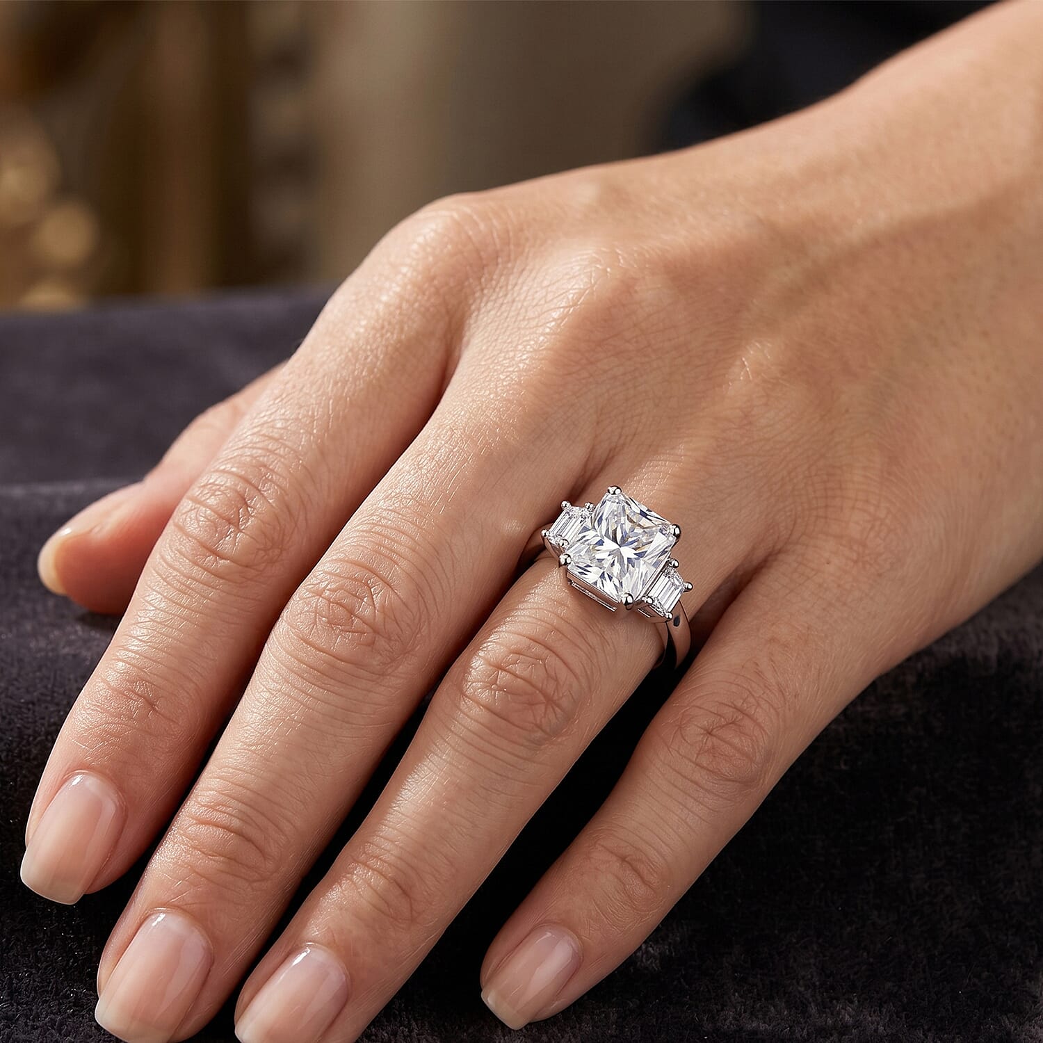 D'Joy - GRA Certified Moissanite Trilogy Ring in Rhodium Overlay Sterling Silver 3.90 Ct.
