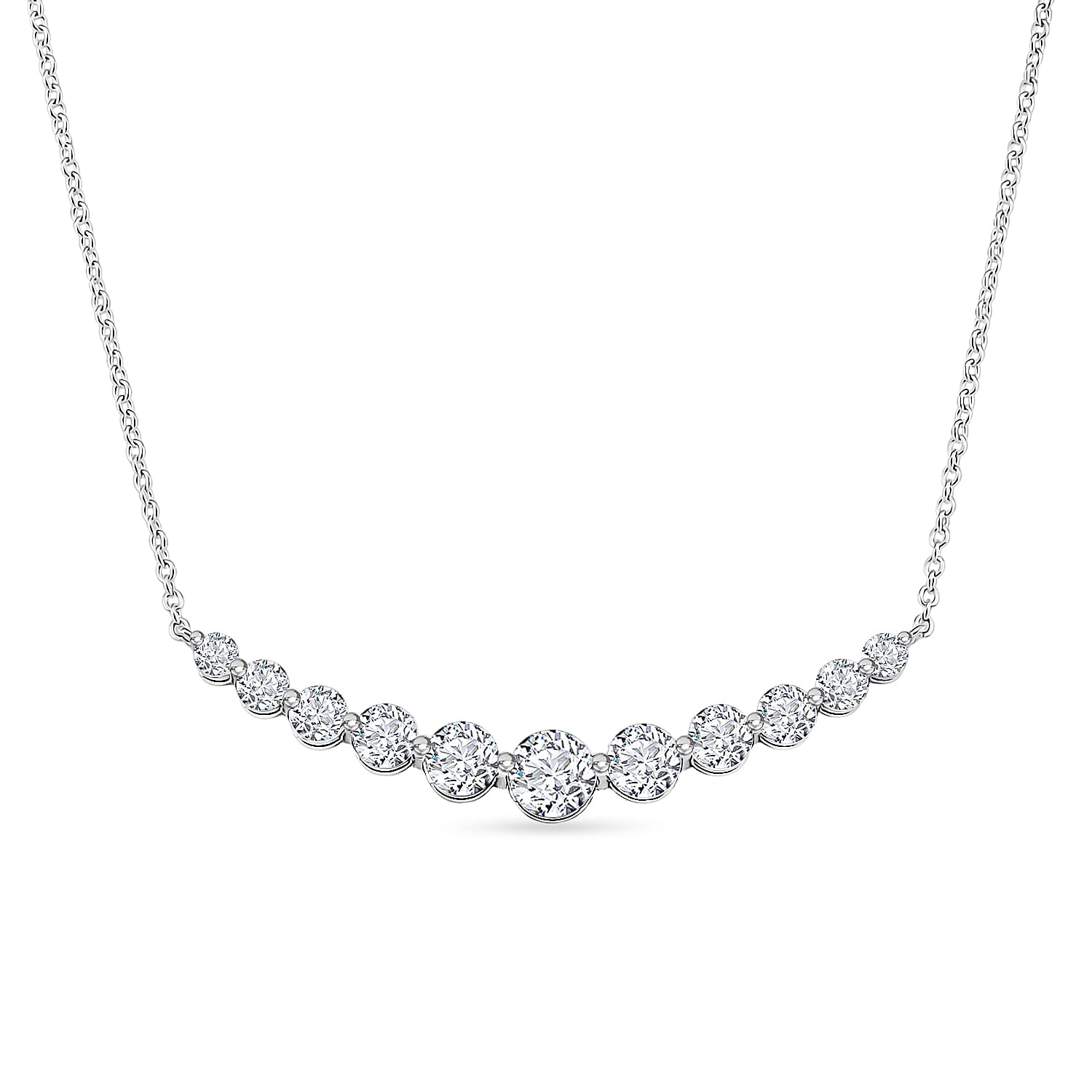 D'Joy - GRA Certified Moissanite Graduated Necklace (Size - 18) in Rhodium Overlay Sterling Silver 3.33 Ct.