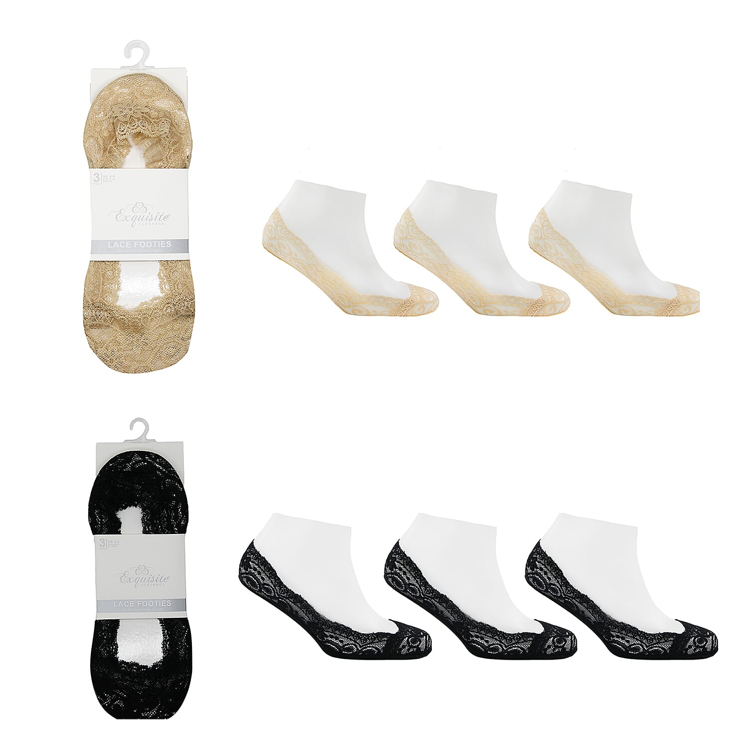 Exquisite Elegance Set of 6 - Non-Slip Silicone Gripper Lace Footies Sock (Size 4-8) - 3 Black & 3 Nude