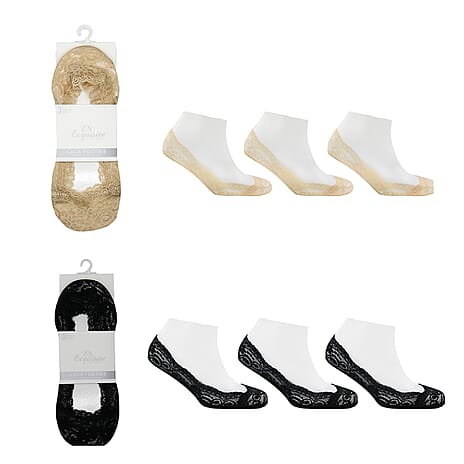 Exquisite Elegance Set of 6 Non-Slip Silicone Gripper Lace Footies Sock (Size 4-8) - Black Nude