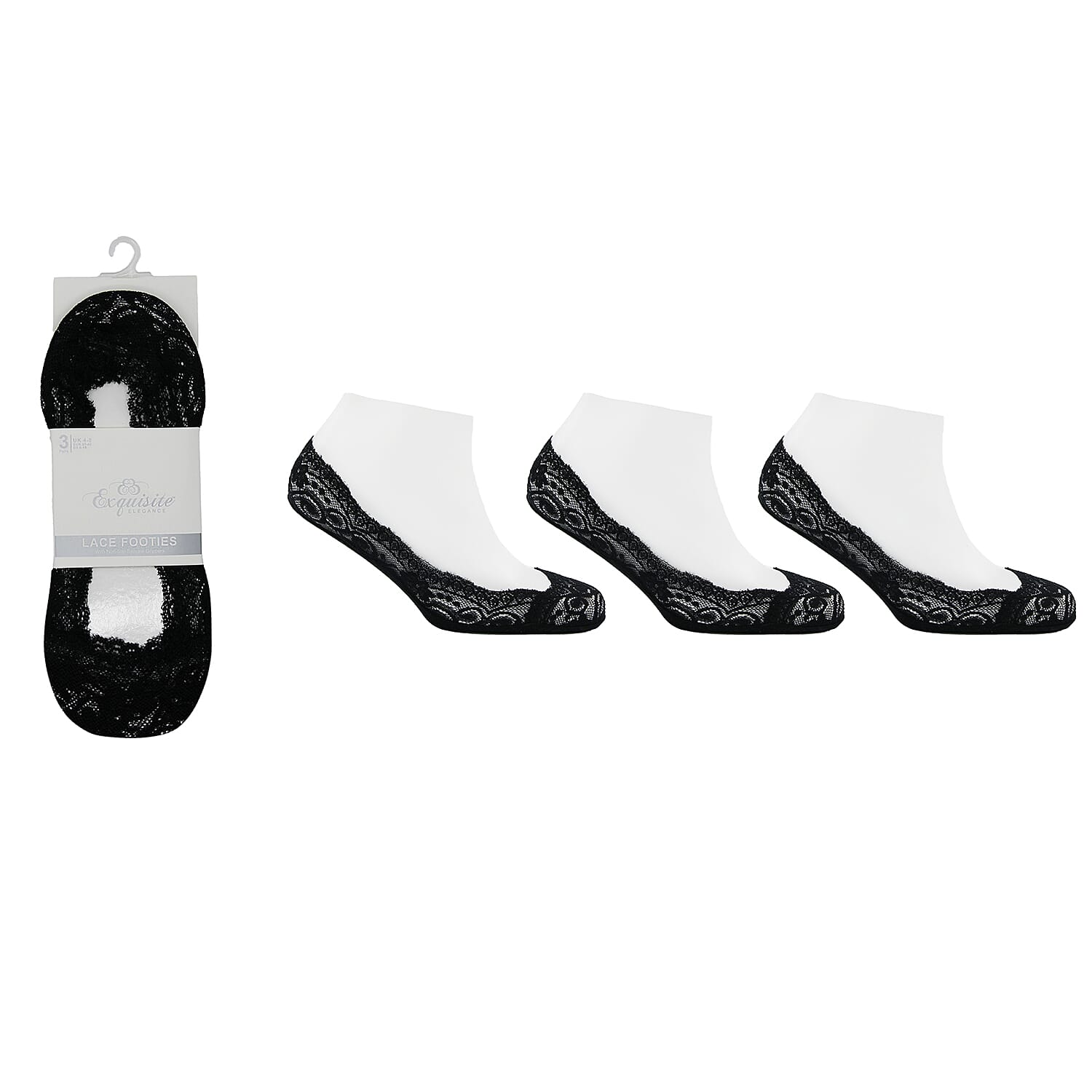 Exquisite Elegance Set of 6 - Non-Slip Silicone Gripper Lace Footies Sock (Size 4-8) - 3 Black & 3 Nude