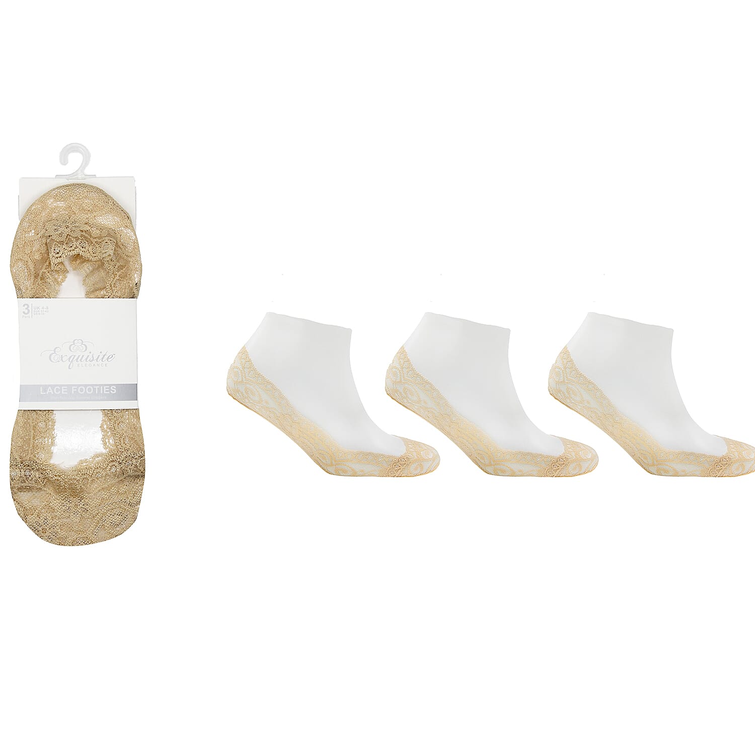 Exquisite Elegance Set of 6 - Non-Slip Silicone Gripper Lace Footies Sock (Size 4-8) - 3 Black & 3 Nude