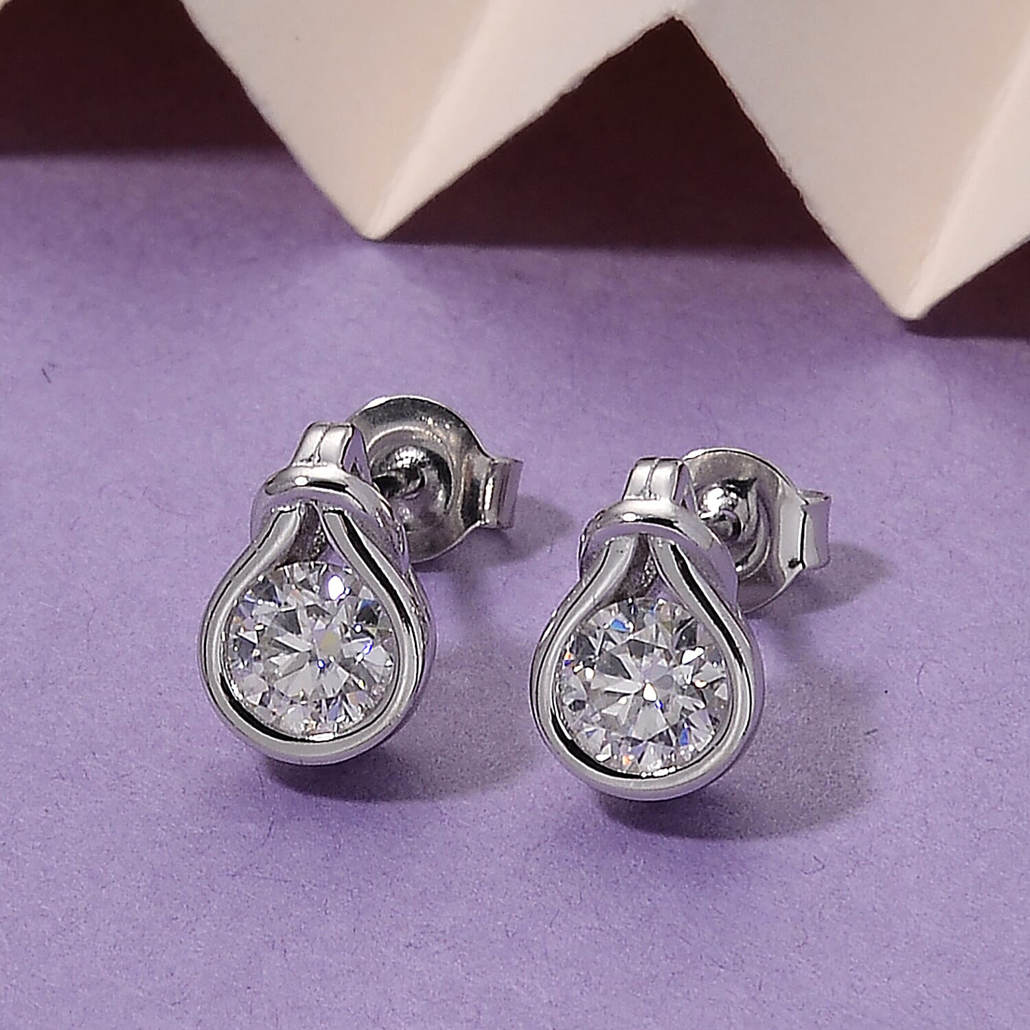D'Joy - GRA Certified Moissanite Solitaire Stud Push Post Earring in Rhodium Overlay Sterling Silver