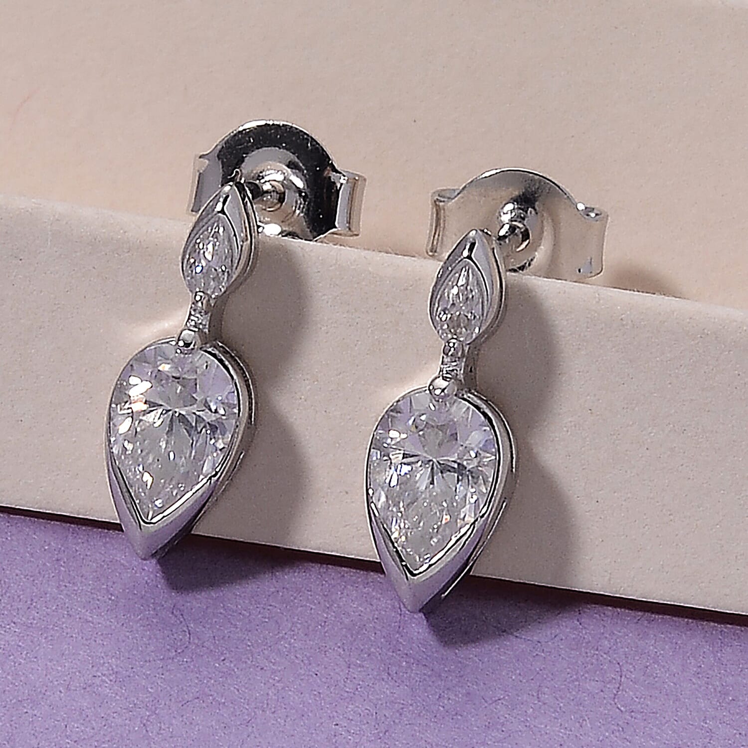 D'Joy - GRA Certified Moissanite Dangling Earring with Push Back in Rhodium Overlay Sterling Silver 1.06 Ct.