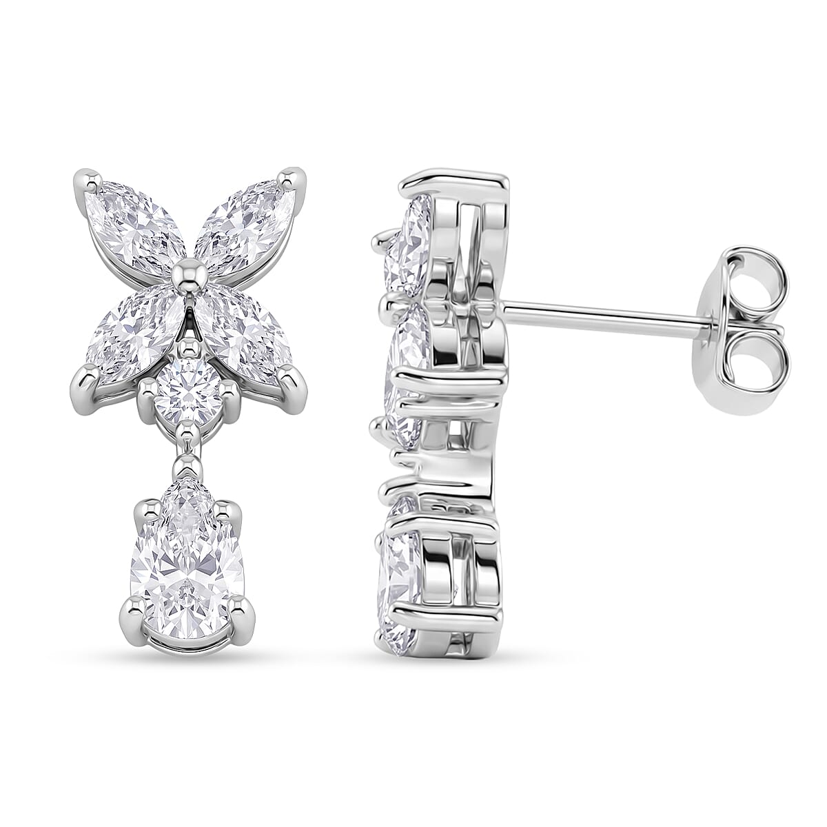 D'Joy - GRA Certified Moissanite Floral Drop Earring with Push Back in Rhodium Overlay Sterling Silver 2.48 Ct.