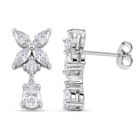 D'Joy - GRA Certified Moissanite Floral Drop Earring with Push Back in Rhodium Overlay Sterling Silver 2.48 Ct.