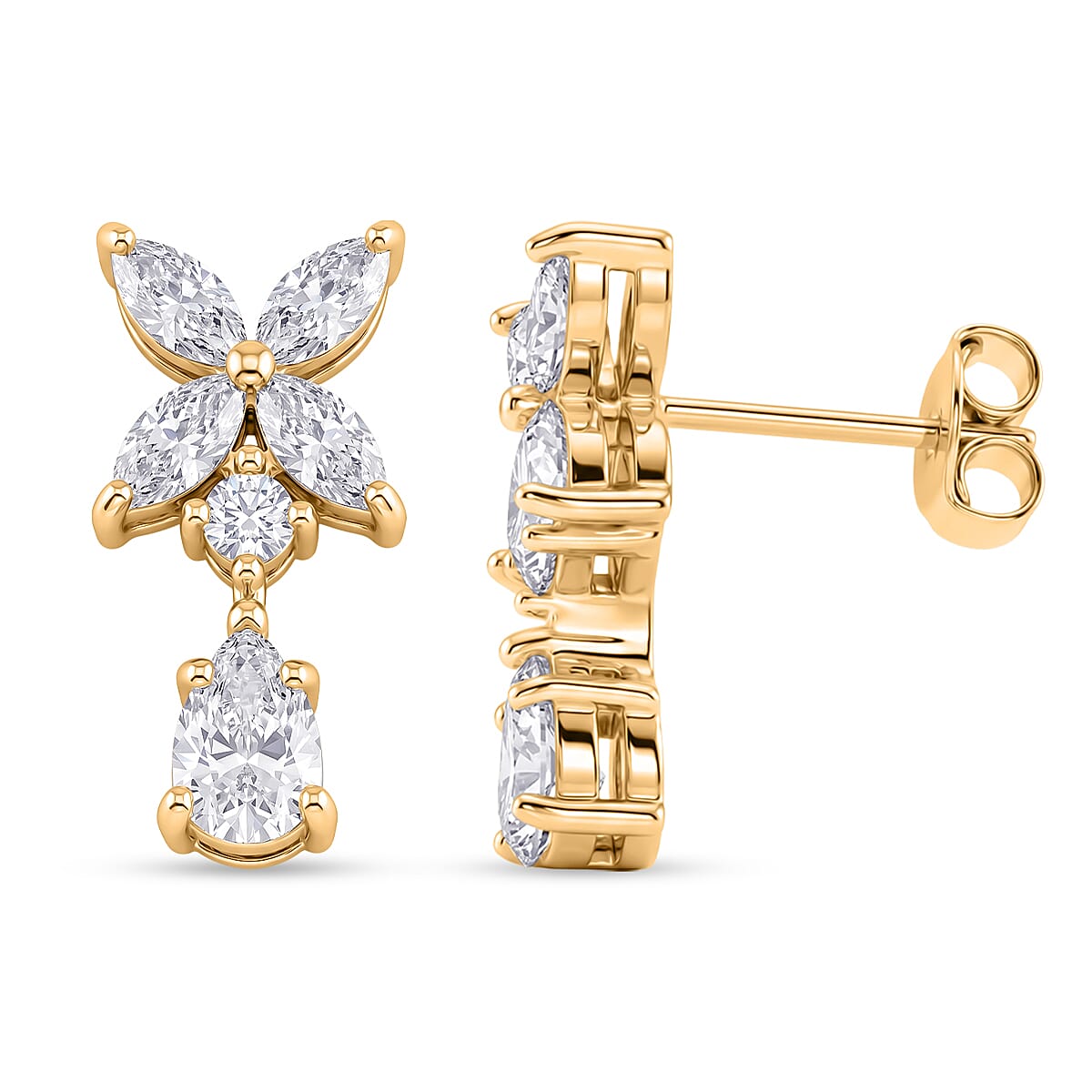 D'Joy - GRA Certified Moissanite Floral Drop Earring with Push Back in Yellow Gold Plated Sterling Silver 2.48 Ct.