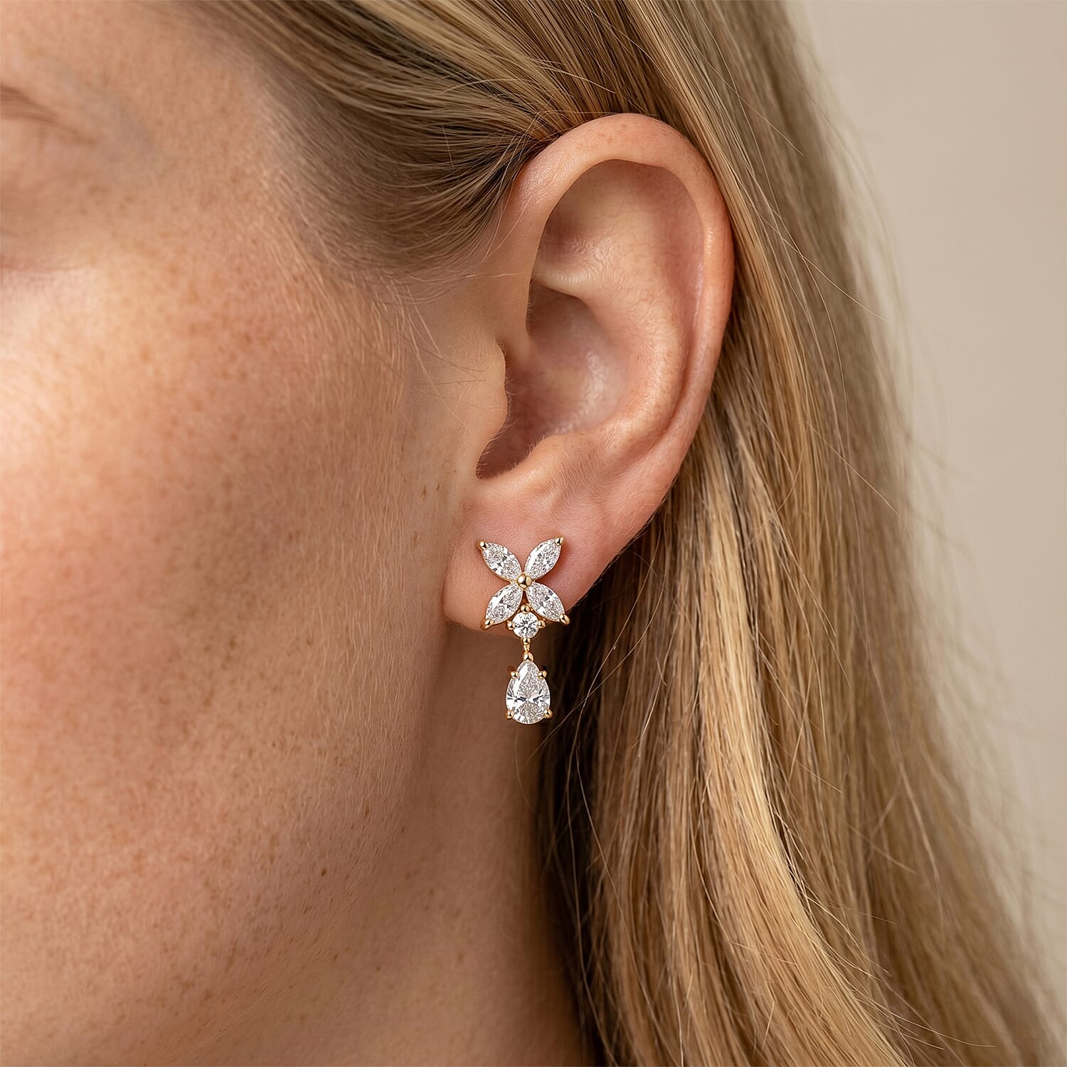 D'Joy - GRA Certified Moissanite Floral Drop Earring with Push Back in Yellow Gold Plated Sterling Silver 2.48 Ct.