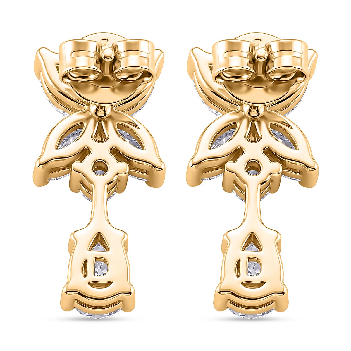 D'Joy - GRA Certified Moissanite Floral Drop Earring with Push Back in Yellow Gold Plated Sterling Silver 2.48 Ct.