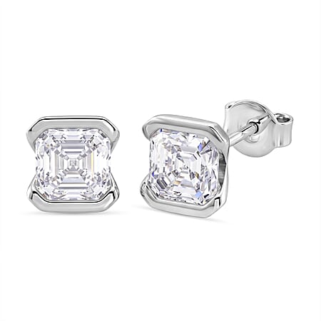 D'Joy - GRA Certified (D-VVS1) Moissanite Solitaire Stud Push Post Earring in Rhodium Overlay Sterling Silver 2.00 Ct.