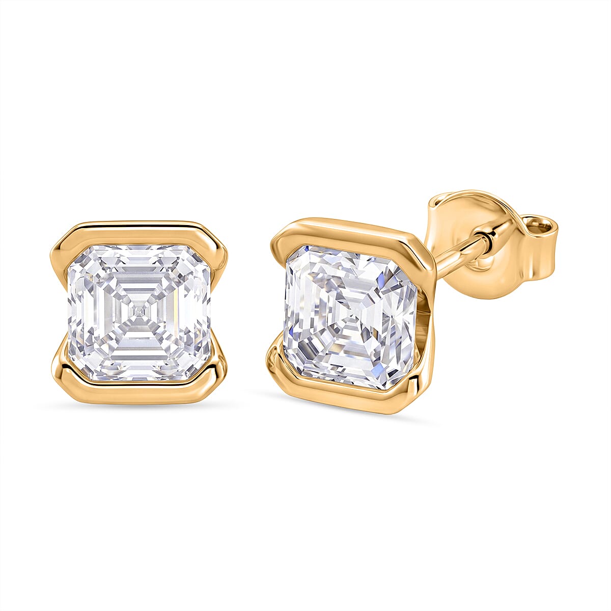 D'Joy - GRA Certified (D-VVS1) Moissanite Solitaire Stud Push Post Earring in Yellow Gold Plated Sterling Silver 2.00 Ct.