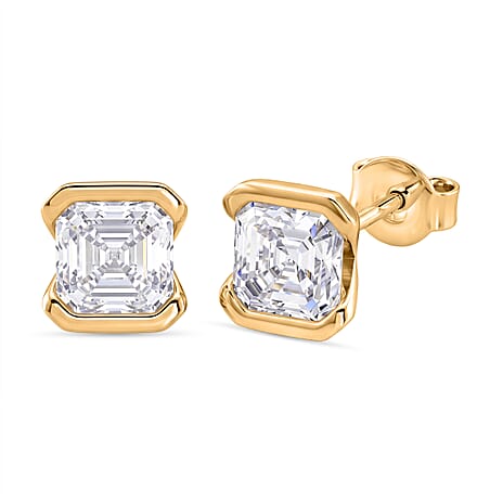 D'Joy - GRA Certified (D-VVS1) Moissanite Solitaire Stud Push Post Earring in Yellow Gold Plated Sterling Silver 2.00 Ct.