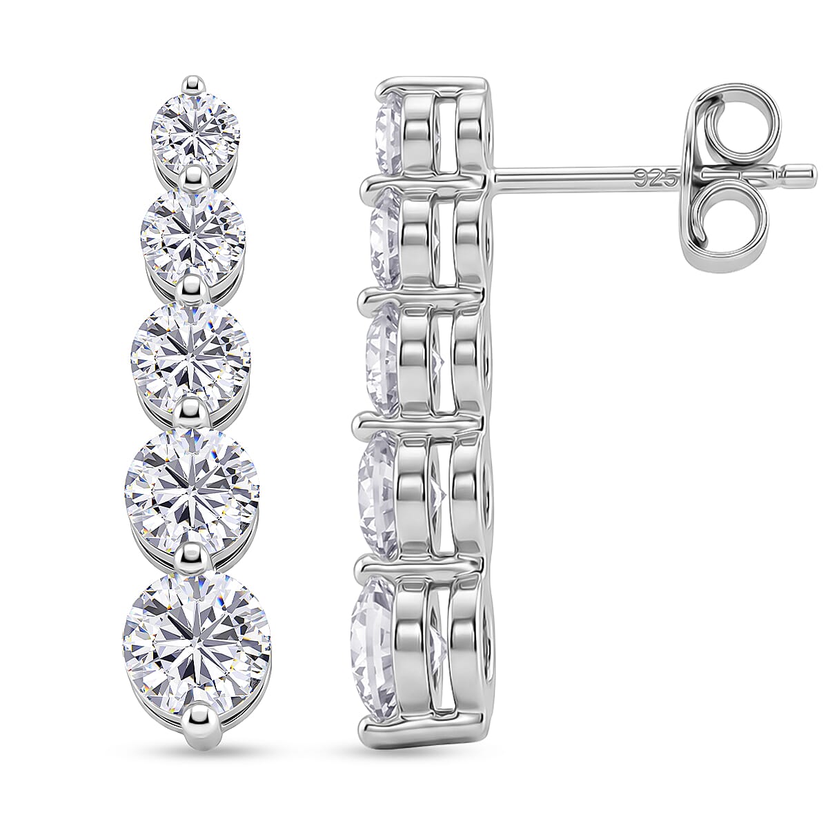 D'Joy - GRA Certified (D-VVS1) Moissanite Graduated Earring with Push Back in Rhodium Overlay Sterling Silver 2.57 Ct.