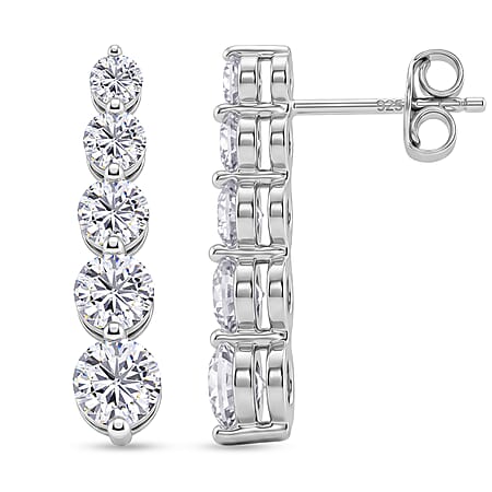 D'Joy - GRA Certified (D-VVS1) Moissanite Graduated Earring with Push Back in Rhodium Overlay Sterling Silver 2.57 Ct.