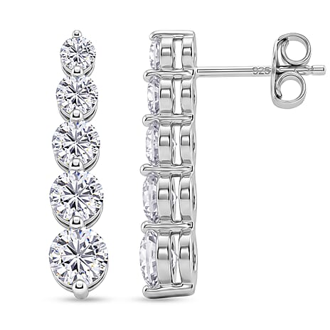 D'Joy - GRA Certified (D-VVS1) Moissanite Graduated Earring with Push Back in Rhodium Overlay Sterling Silver 2.57 Ct.