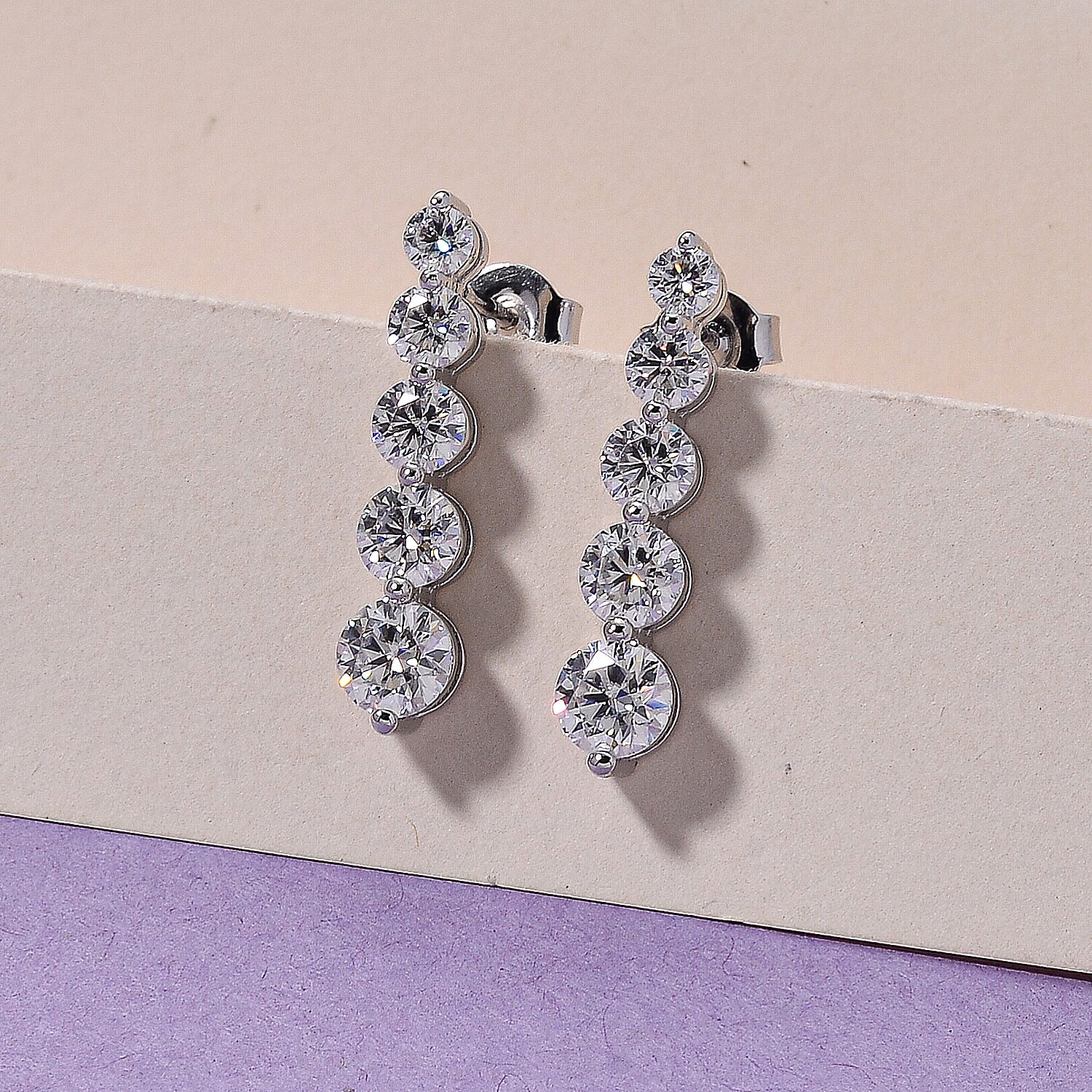 D'Joy - GRA Certified (D-VVS1) Moissanite Graduated Earring with Push Back in Rhodium Overlay Sterling Silver 2.57 Ct.
