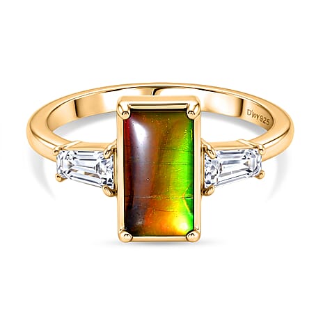 D'Joy - Ammolite & Moissanite Trilogy Ring in 18K Vermeil Yellow Gold Plated Sterling Silver 2.10 Ct.