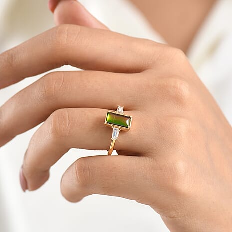 D'Joy - Ammolite & Moissanite Trilogy Ring in 18K Vermeil Yellow Gold Plated Sterling Silver 2.10 Ct.