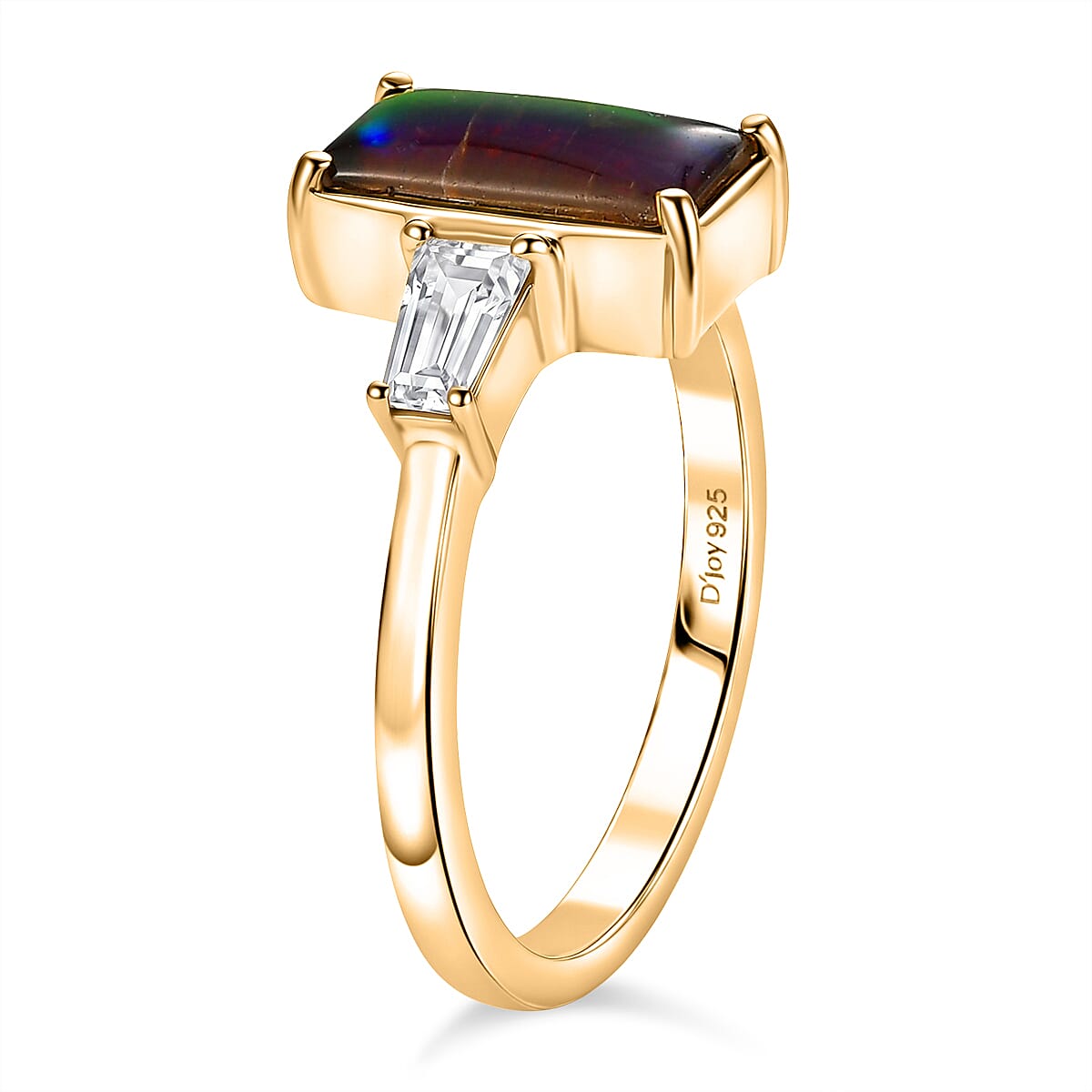 D'Joy - Ammolite & Moissanite Trilogy Ring in 18K Vermeil Yellow Gold Plated Sterling Silver 2.10 Ct.
