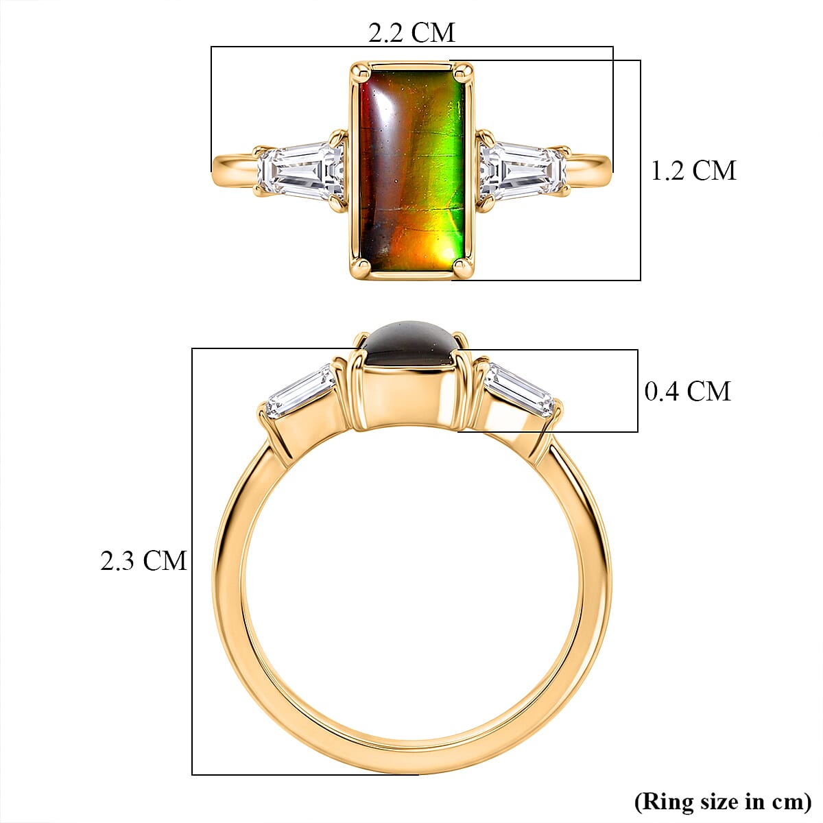D'Joy - Ammolite & Moissanite Trilogy Ring in 18K Vermeil Yellow Gold Plated Sterling Silver 2.10 Ct.