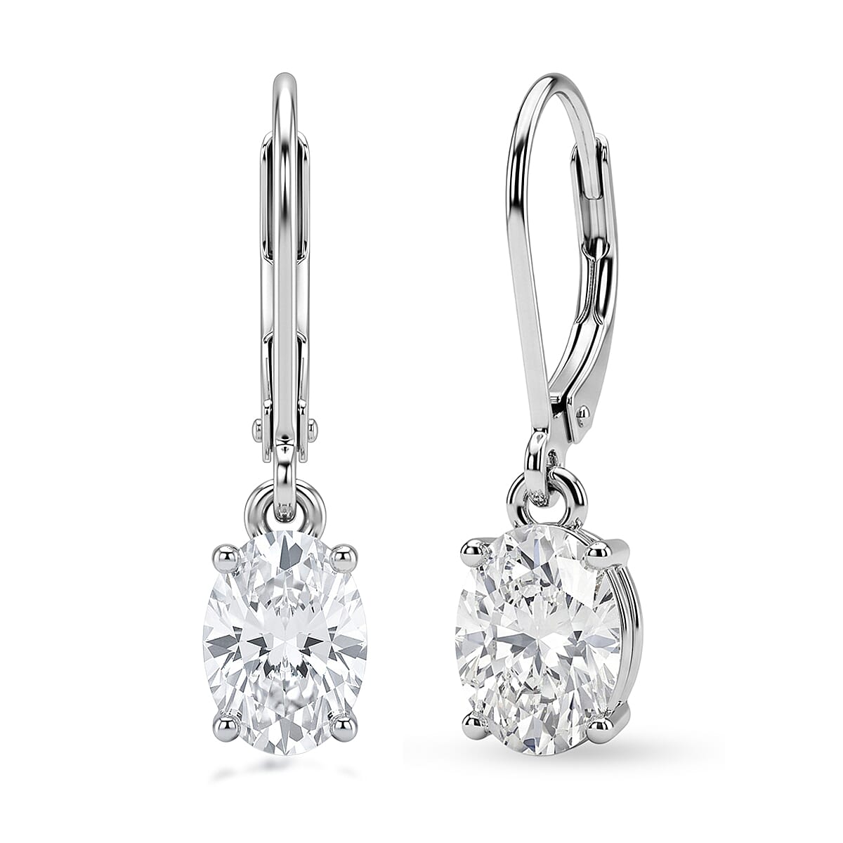 D'Joy - GRA Certified (D-VVS1) Moissanite Solitaire Drop Earring with Lever Back in Rhodium Overlay Sterling Silver 1.88 Ct.
