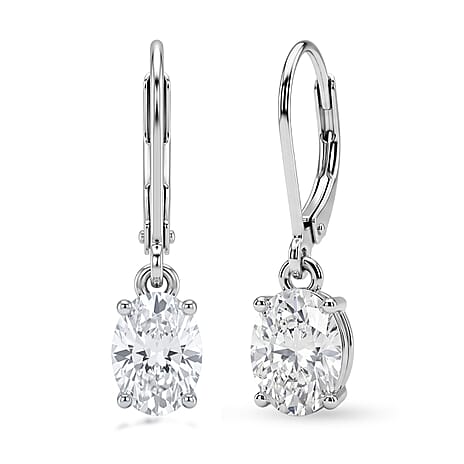 D'Joy - GRA Certified (D-VVS1) Moissanite Solitaire Drop Earring with Lever Back in Rhodium Overlay Sterling Silver 1.88 Ct.