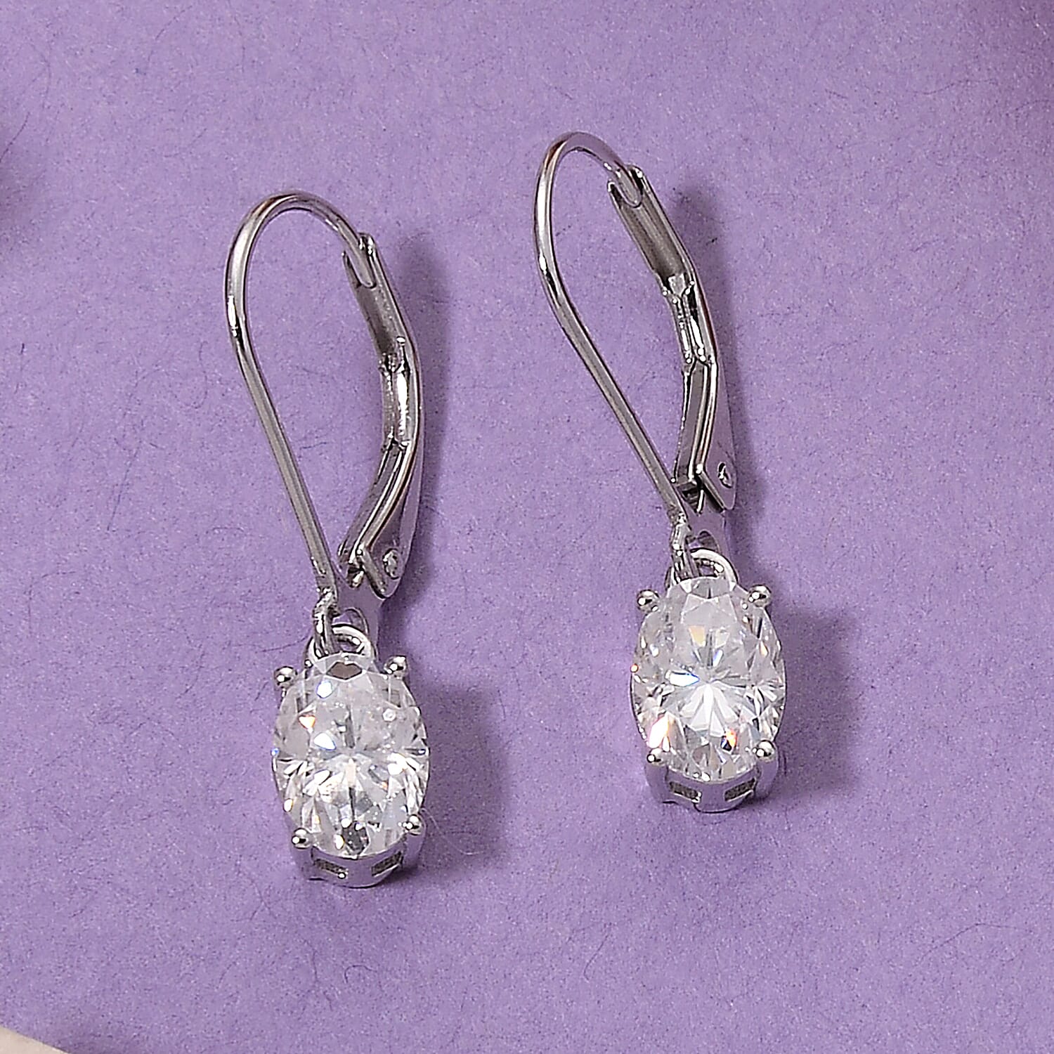 D'Joy - GRA Certified (D-VVS1) Moissanite Solitaire Drop Earring with Lever Back in Rhodium Overlay Sterling Silver 1.88 Ct.
