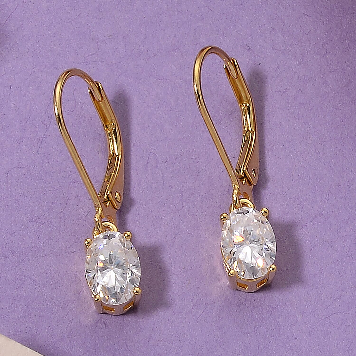 D'Joy - GRA Certified (D-VVS1) Moissanite Solitaire Drop Earring in Yellow Gold Plated Sterling Silver 1.88 Ct.