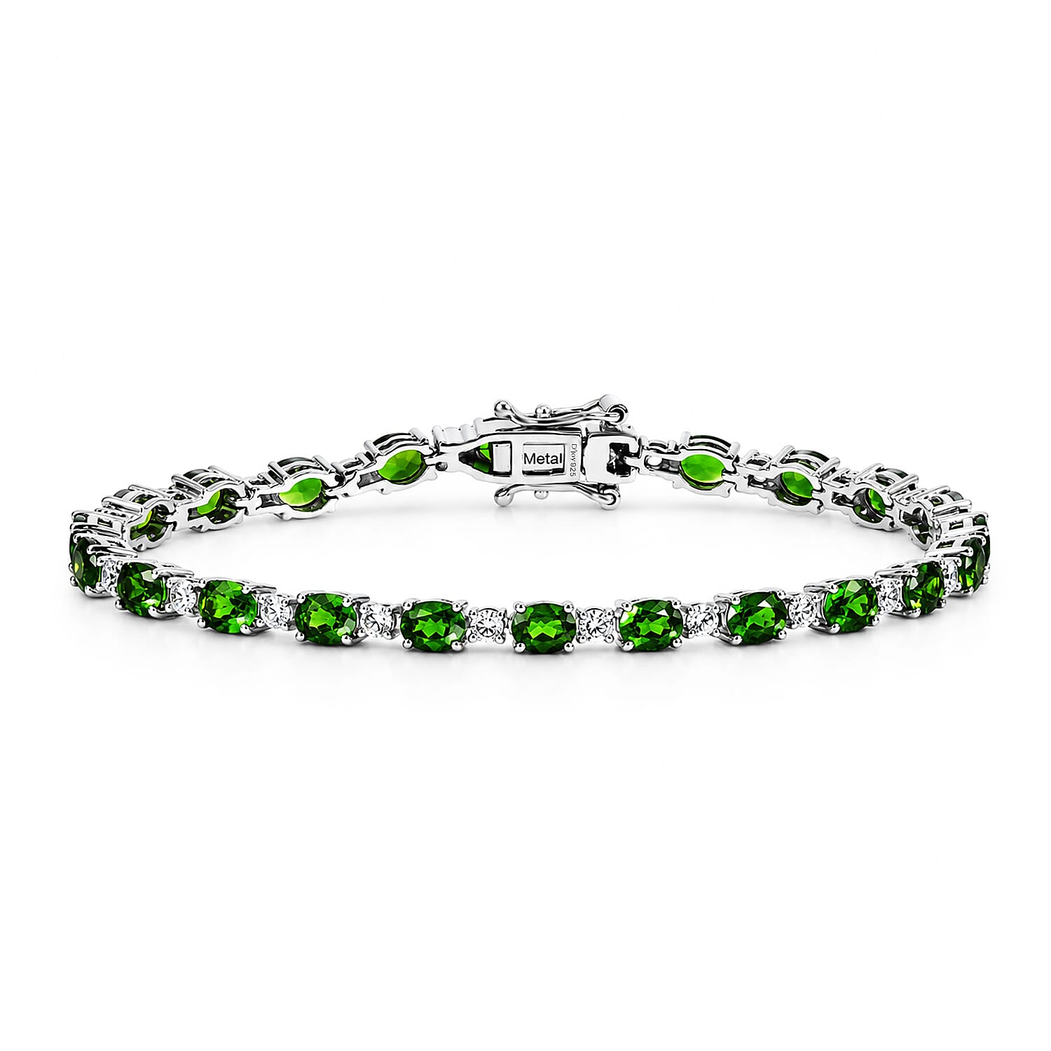 D'Joy Natural Chrome Diopside, White Zircon Tennis Bracelet 1 Row (Size - 7) in Rhodium OverlaySterling Silver, Silver Wt.9 Gms  10.164  Ct.
