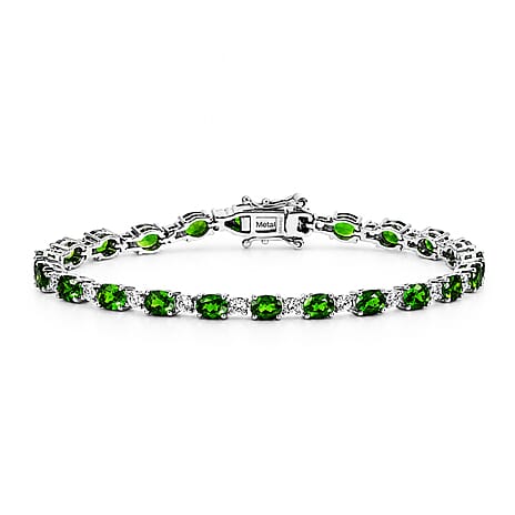 D'Joy Natural Chrome Diopside, White Zircon Tennis Bracelet 1 Row (Size - 7) in Rhodium OverlaySterling Silver, Silver Wt.9 Gms  10.164  Ct.