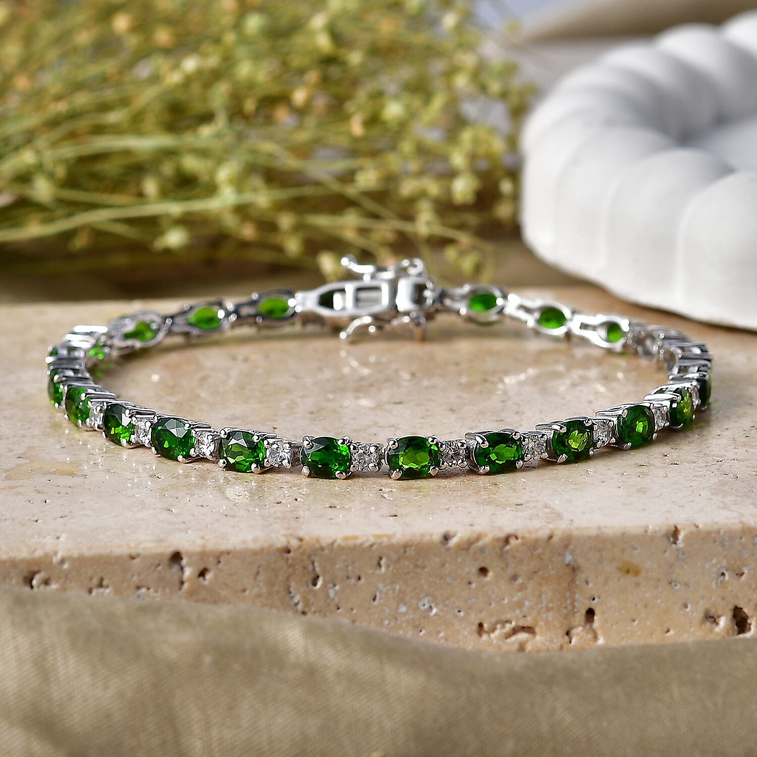D'Joy Natural Chrome Diopside, White Zircon Tennis Bracelet 1 Row (Size - 7) in Rhodium OverlaySterling Silver, Silver Wt.9 Gms  10.164  Ct.