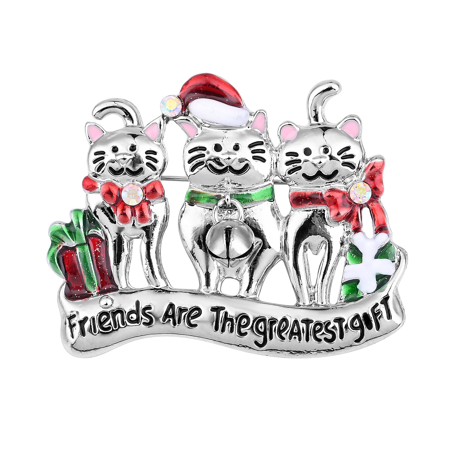 Christmas White Mystic Crystal Cat Brooch in Silver Tone