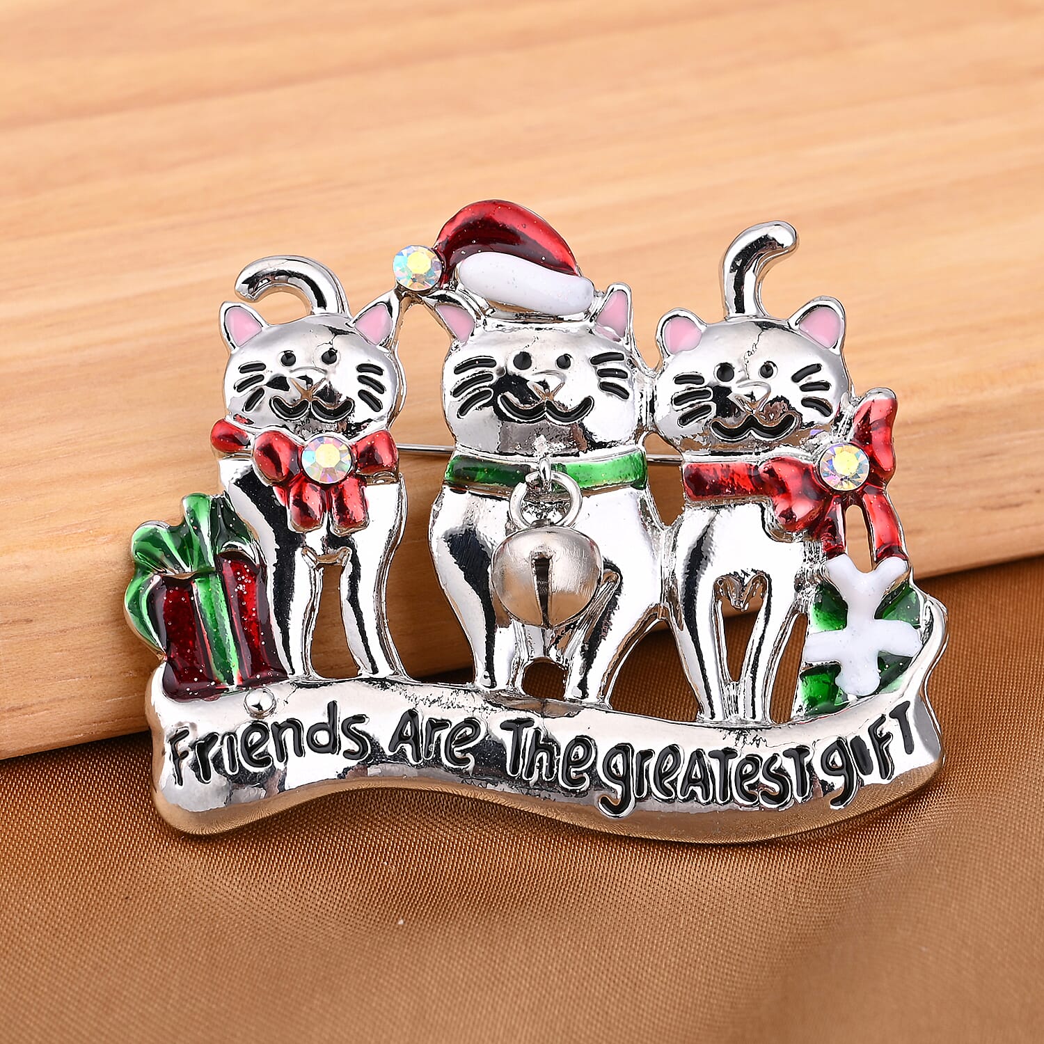 Christmas White Mystic Crystal Cat Brooch in Silver Tone