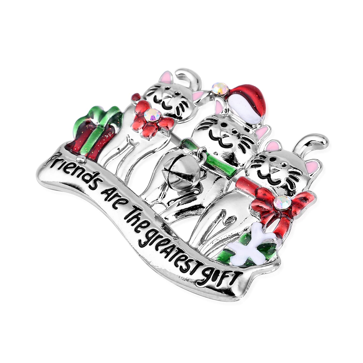 Christmas White Mystic Crystal Cat Brooch in Silver Tone