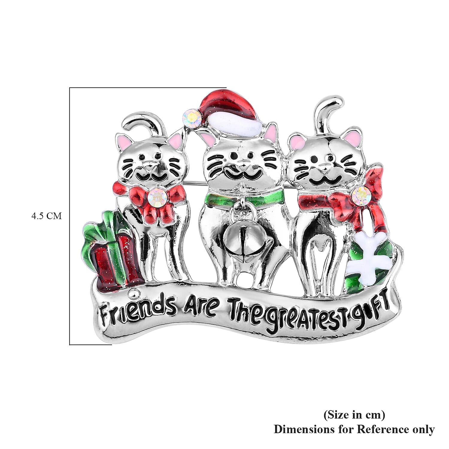 Christmas White Mystic Crystal Cat Brooch in Silver Tone