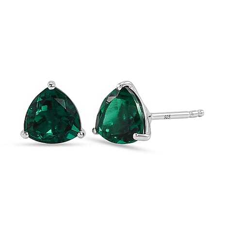 Luxuriant Lab Grown Emerald Solitaire Stud Push Post Earring in Rhodium OverlaySterling Silver  2.324  Ct.